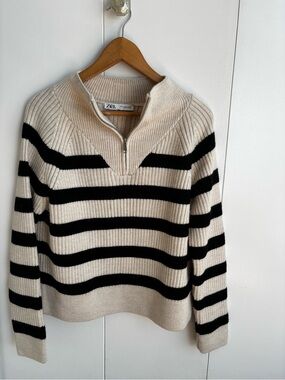 Zara Cream and Black Striped Half-Zip Sweater